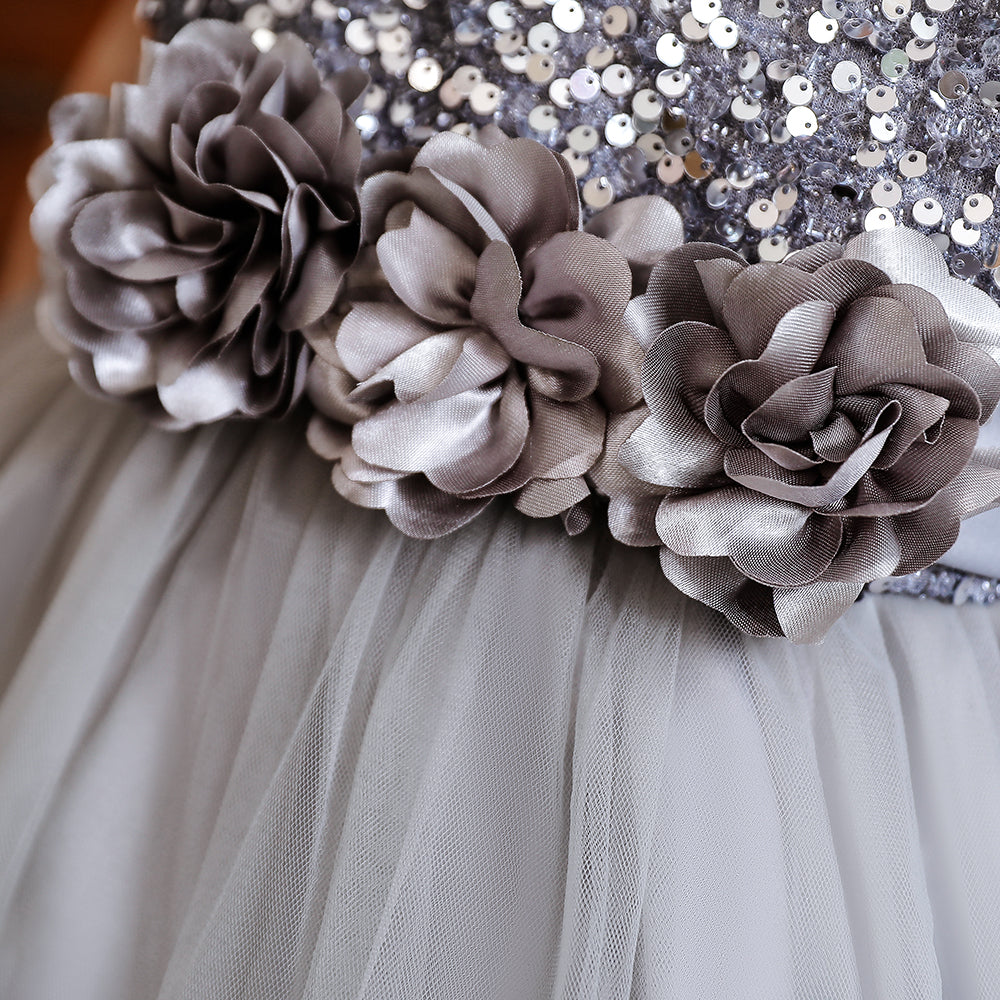 Girls Grey Embellished Sequined Round Neck Fit & Flare Maxi Dress