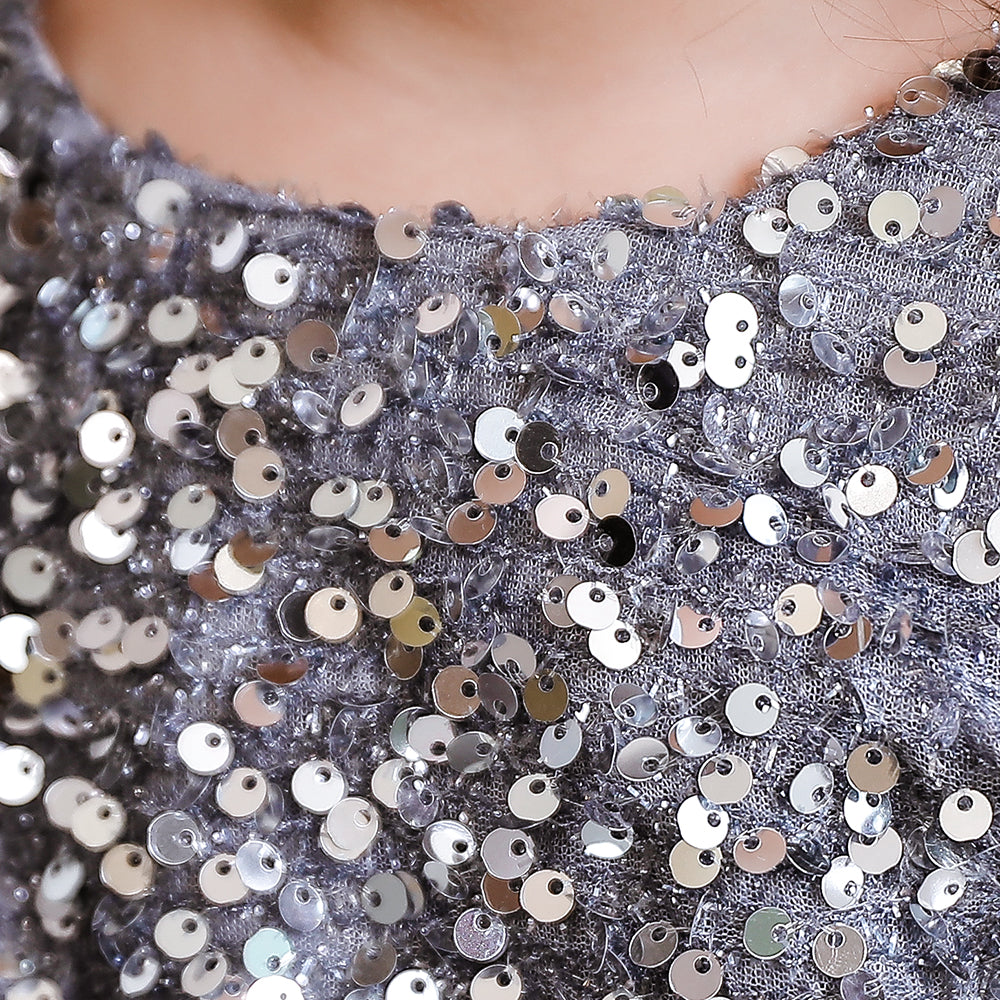 Girls Grey Embellished Sequined Round Neck Fit & Flare Maxi Dress
