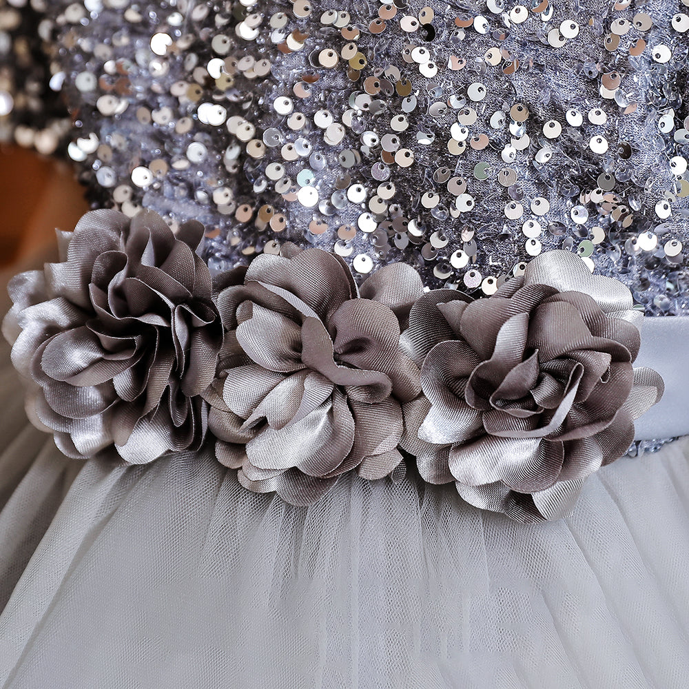 Girls Grey Embellished Sequined Round Neck Fit & Flare Maxi Dress