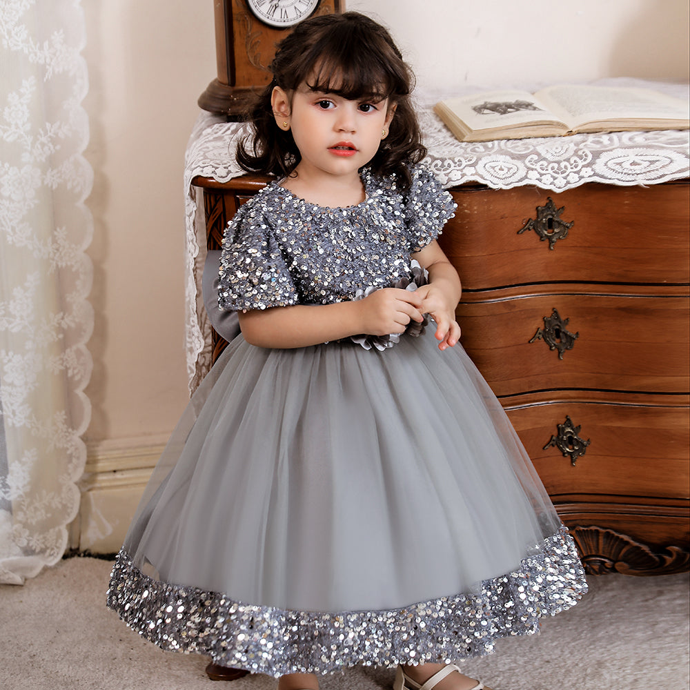Girls Grey Embellished Sequined Round Neck Fit & Flare Maxi Dress