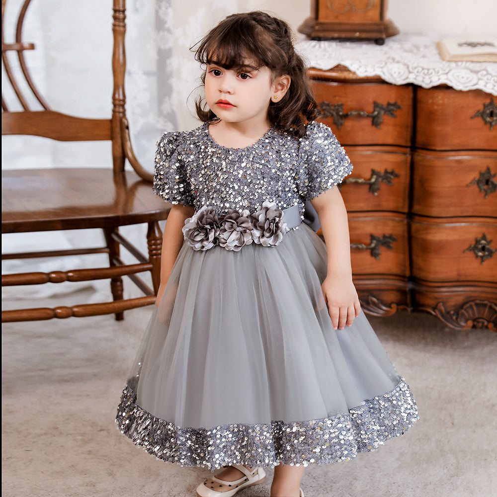 Girls Grey Embellished Sequined Round Neck Fit & Flare Maxi Dress