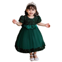Girls Green Embellished Puff Sleeve Balloon Dress