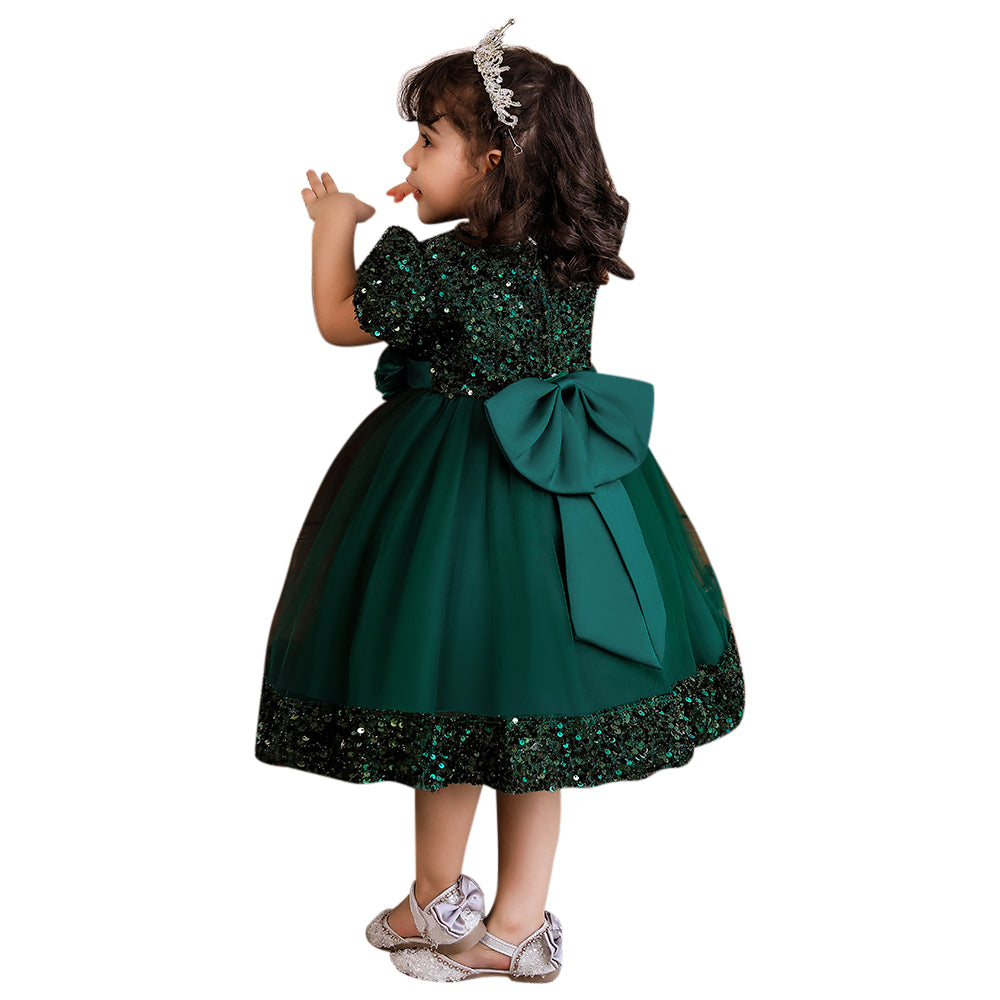 Girls Green Embellished Puff Sleeve Balloon Dress