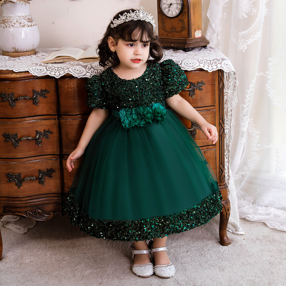 Girls Green Embellished Puff Sleeve Balloon Dress