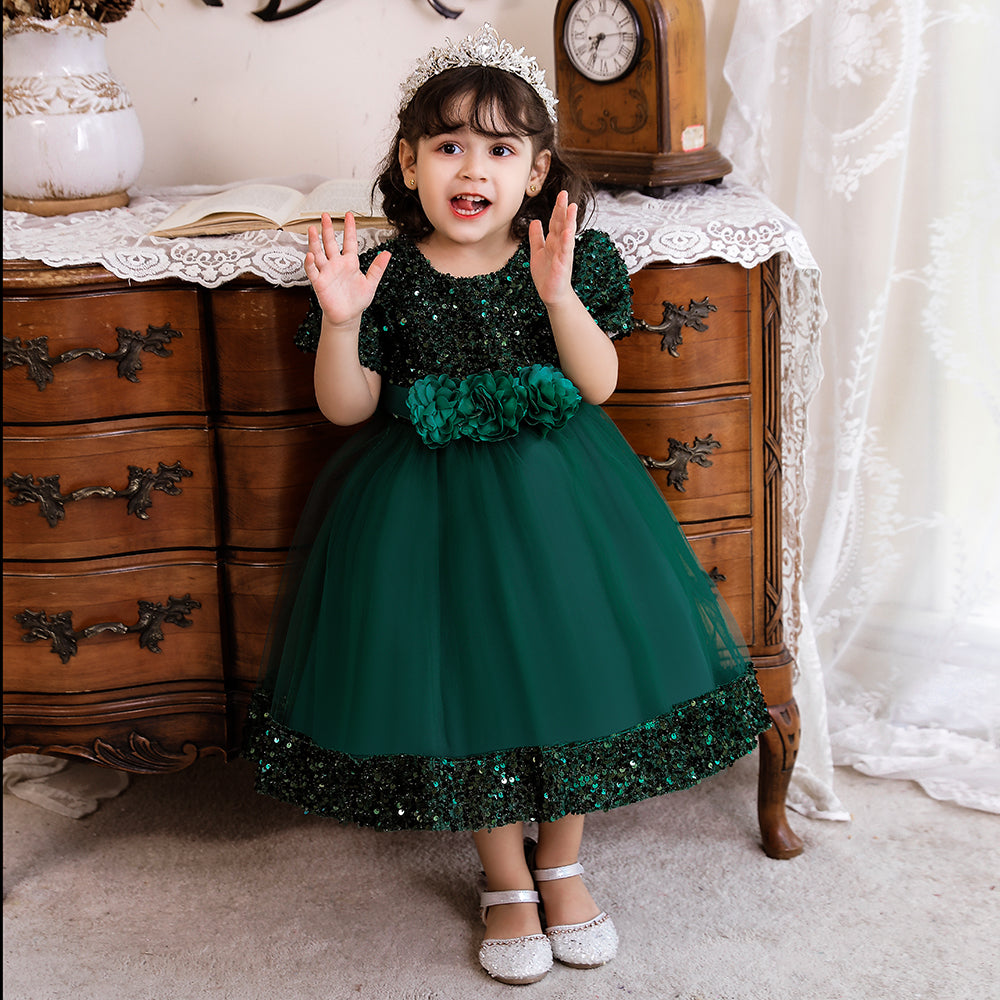 Girls Green Embellished Puff Sleeve Balloon Dress