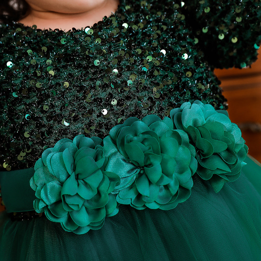Girls Green Embellished Puff Sleeve Balloon Dress