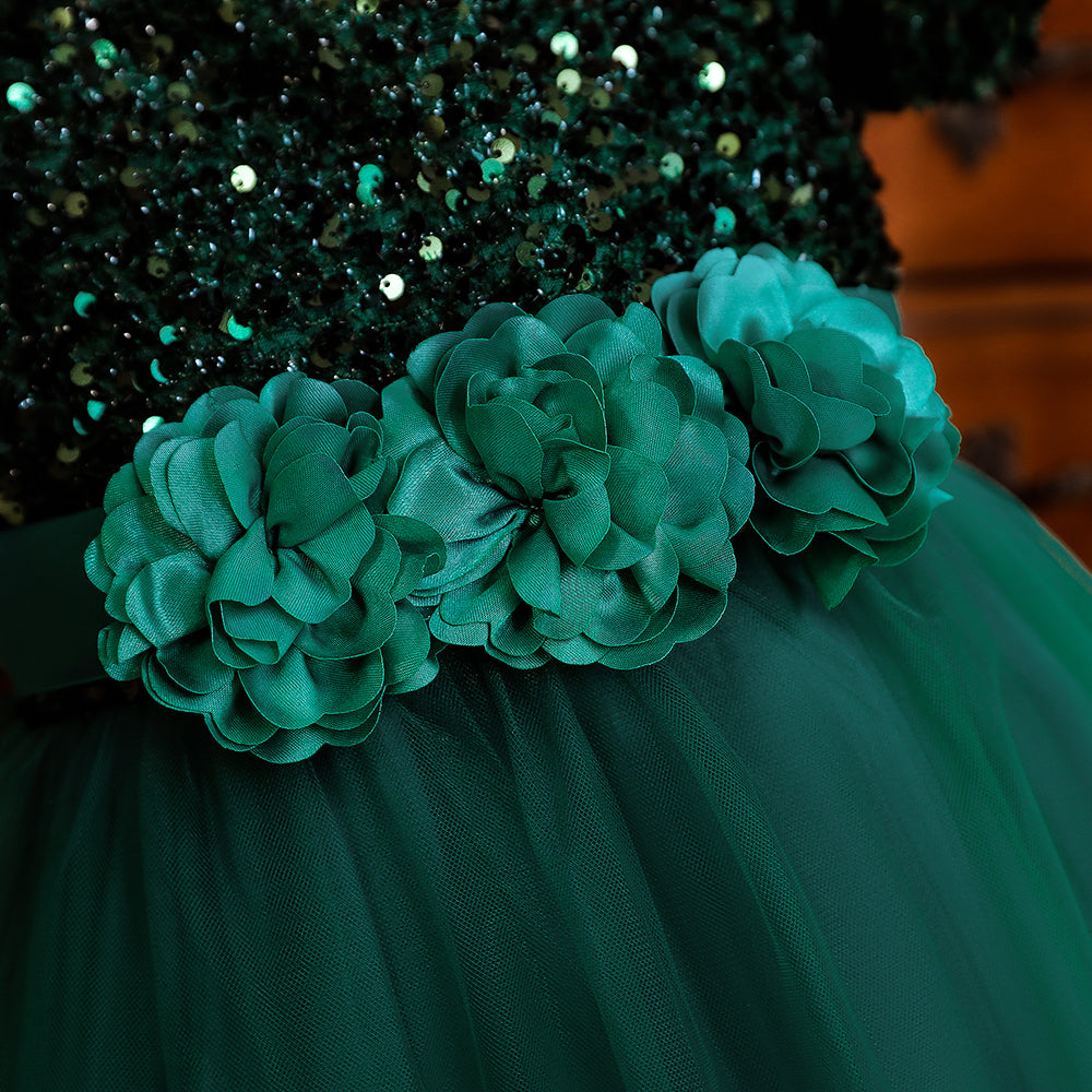 Girls Green Embellished Puff Sleeve Balloon Dress