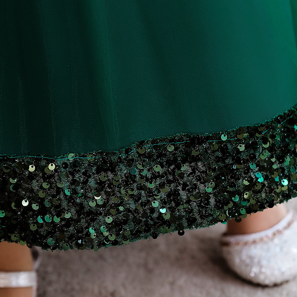 Girls Green Embellished Puff Sleeve Balloon Dress