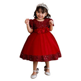 Maroon & dark red Embellished Puff Sleeve Fit & Flare Midi Dress