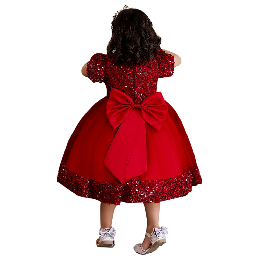 Maroon & dark red Embellished Puff Sleeve Fit & Flare Midi Dress