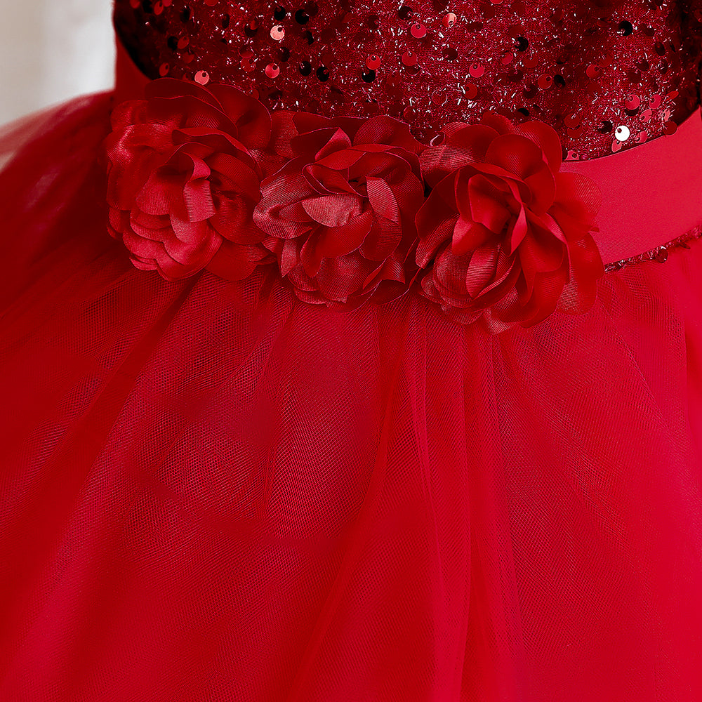 Maroon & dark red Embellished Puff Sleeve Fit & Flare Midi Dress