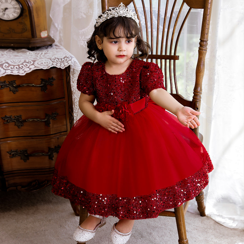 Maroon & dark red Embellished Puff Sleeve Fit & Flare Midi Dress