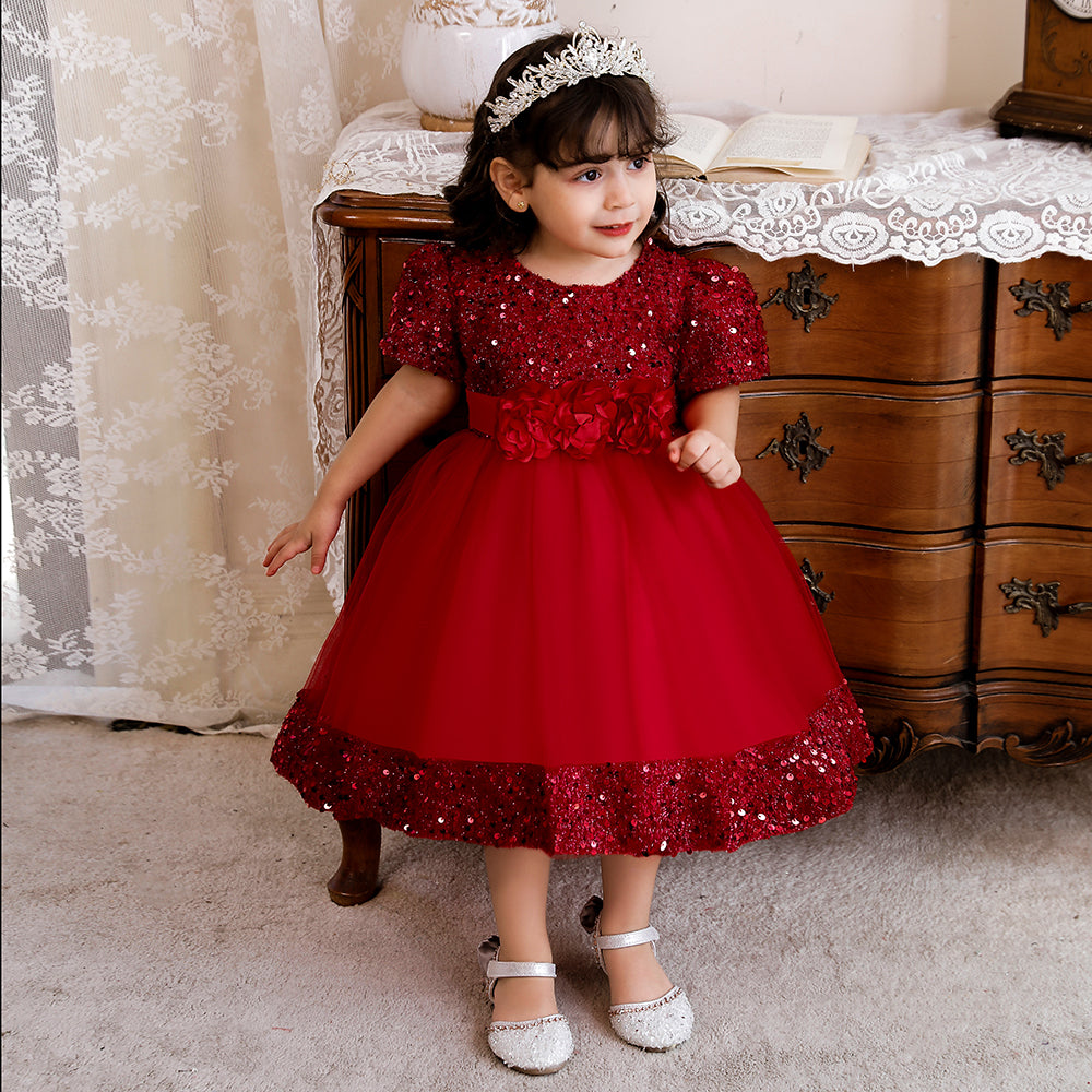 Maroon & dark red Embellished Puff Sleeve Fit & Flare Midi Dress