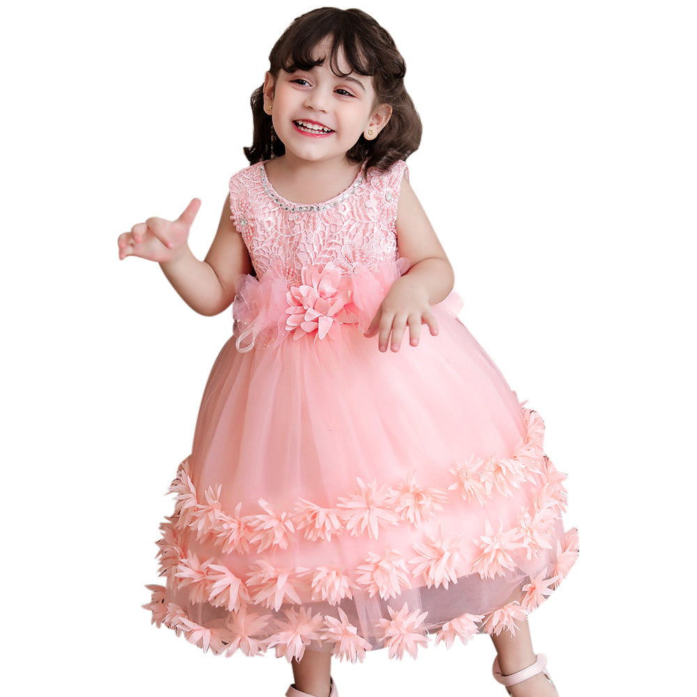 Girls Pink Self Design Layered Balloon Midi Dress