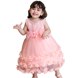 Girls Pink Self Design Layered Balloon Midi Dress