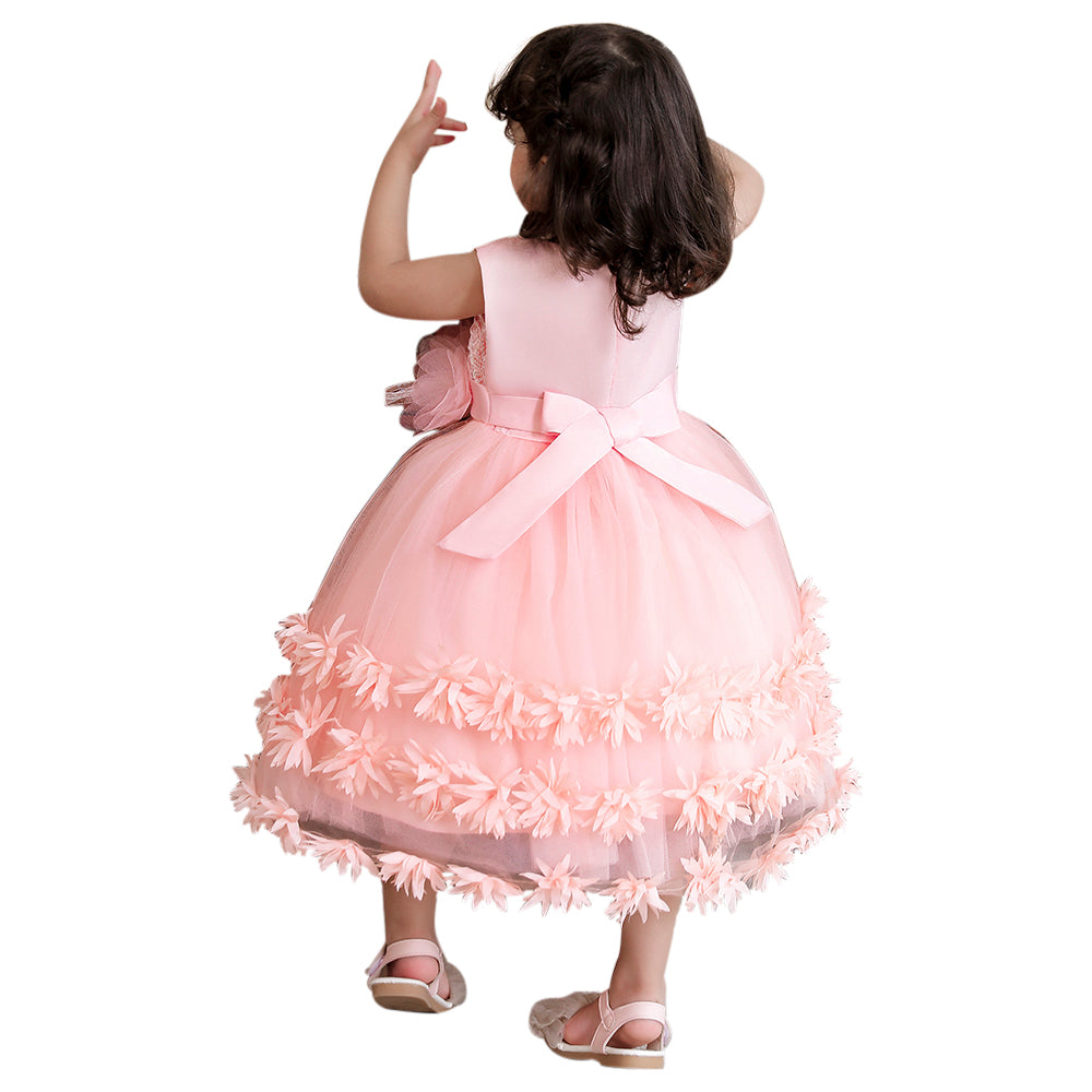 Girls Pink Self Design Layered Balloon Midi Dress