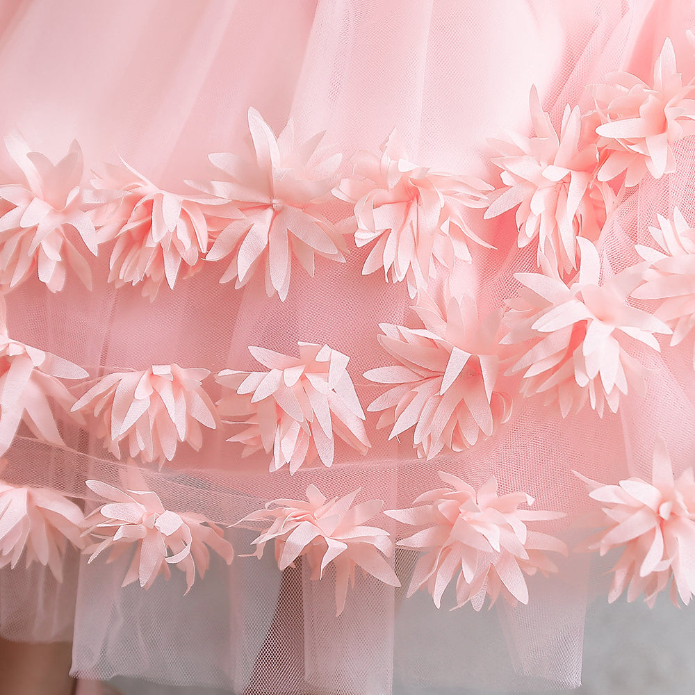 Girls Pink Self Design Layered Balloon Midi Dress