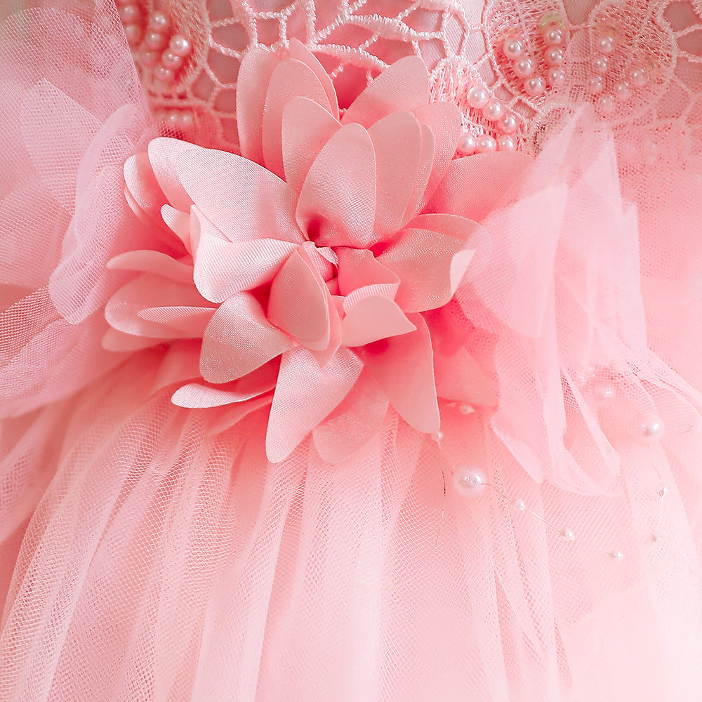 Girls Pink Self Design Layered Balloon Midi Dress