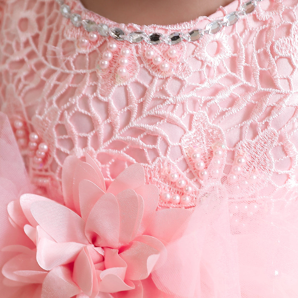 Girls Pink Self Design Layered Balloon Midi Dress