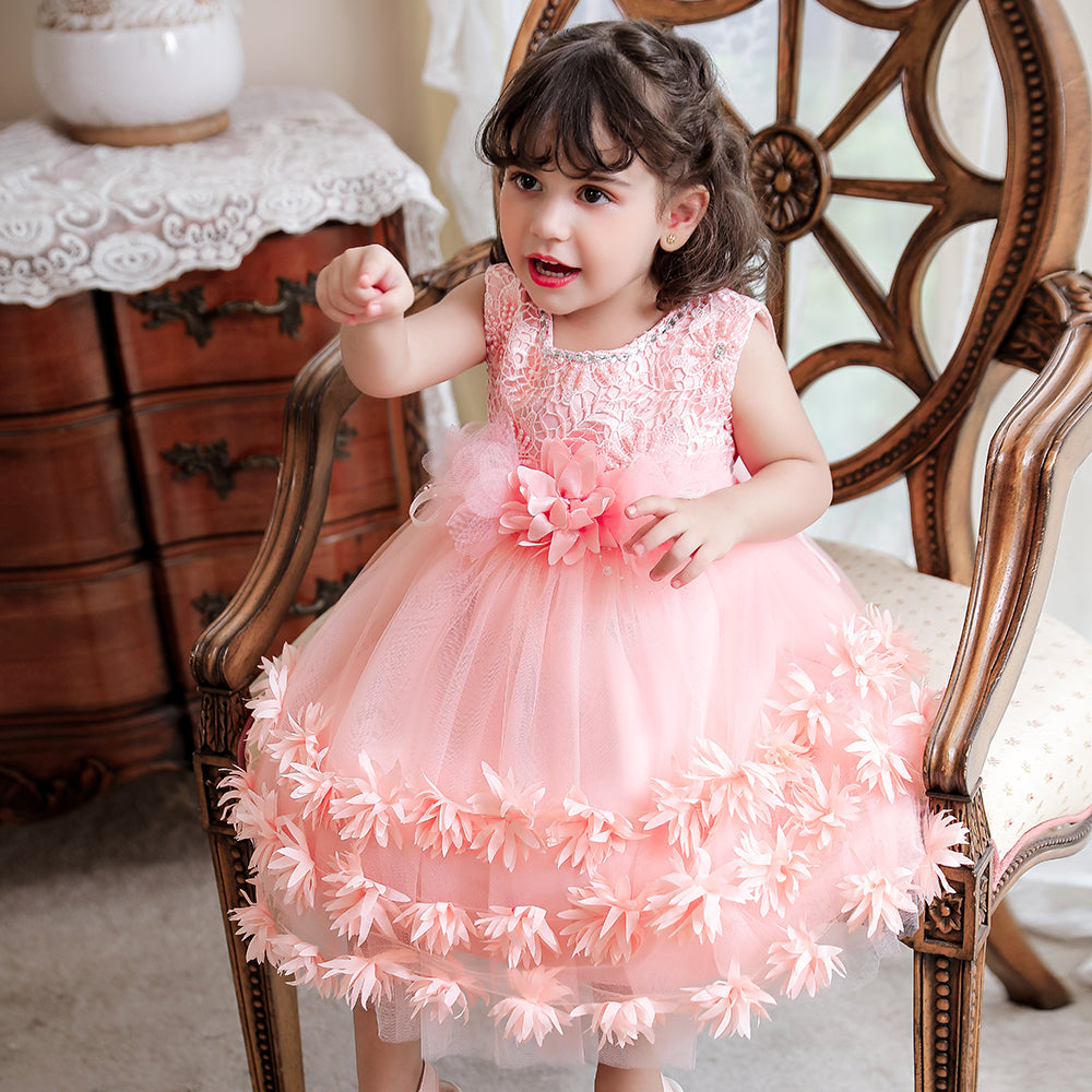 Girls Pink Self Design Layered Balloon Midi Dress