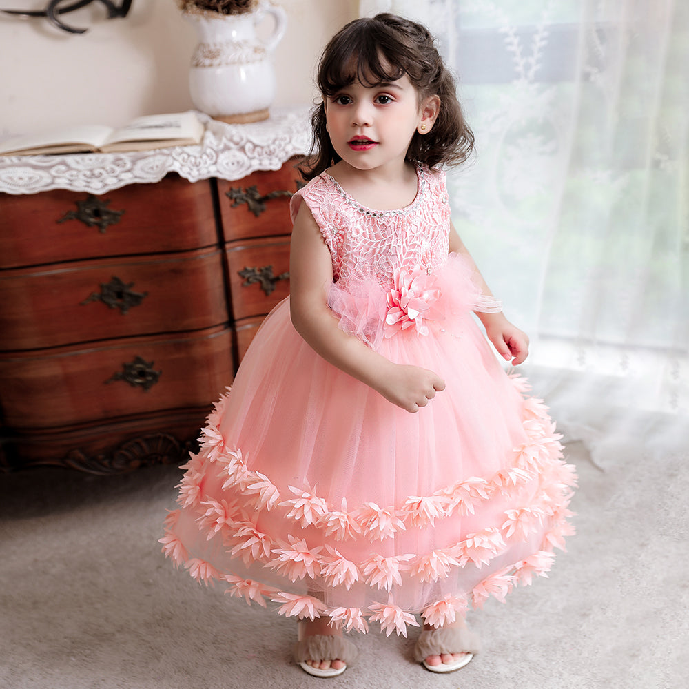 Girls Pink Self Design Layered Balloon Midi Dress