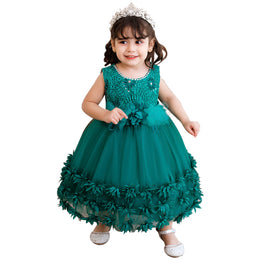 Green Applique Floral Balloon Dress