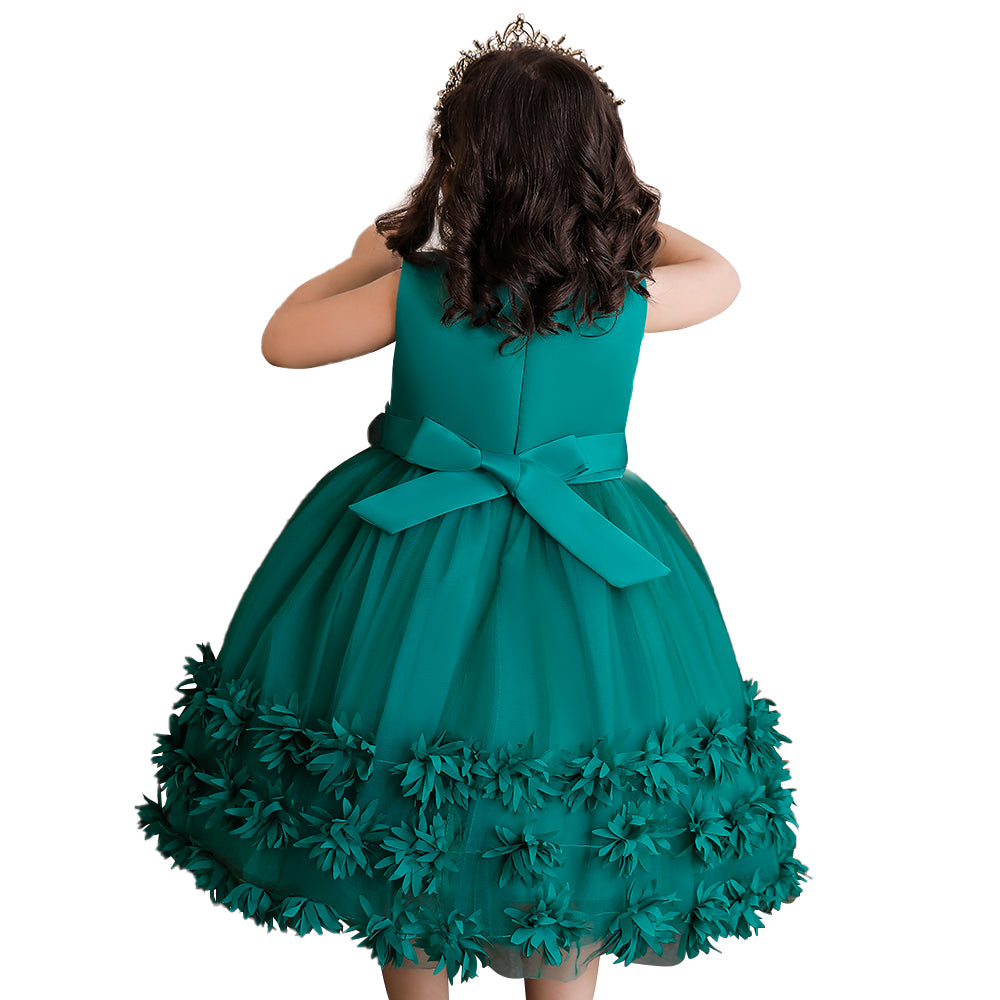 Green Applique Floral Balloon Dress