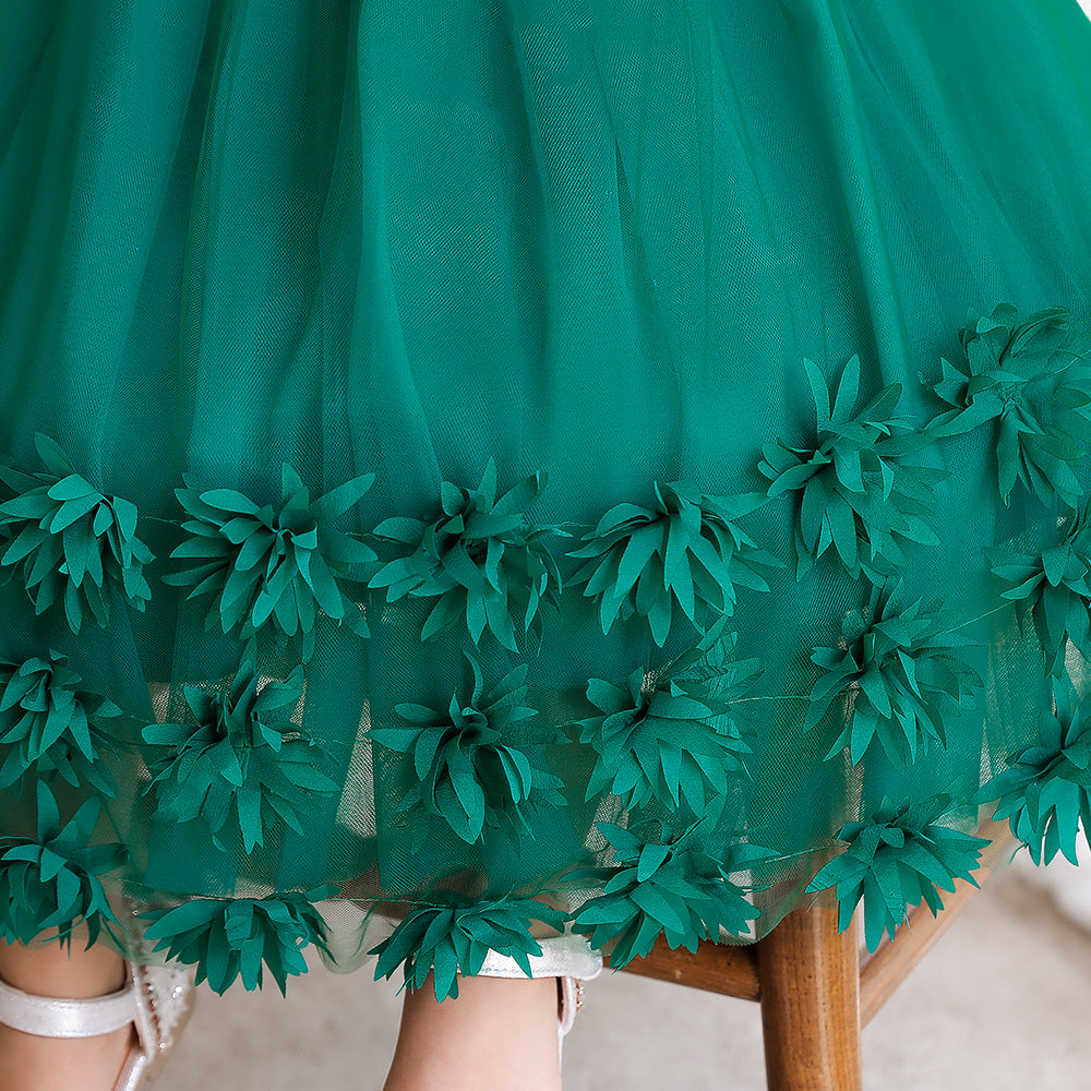 Green Applique Floral Balloon Dress