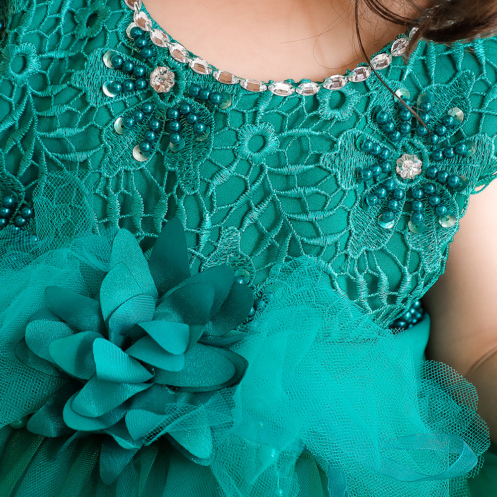 Green Applique Floral Balloon Dress