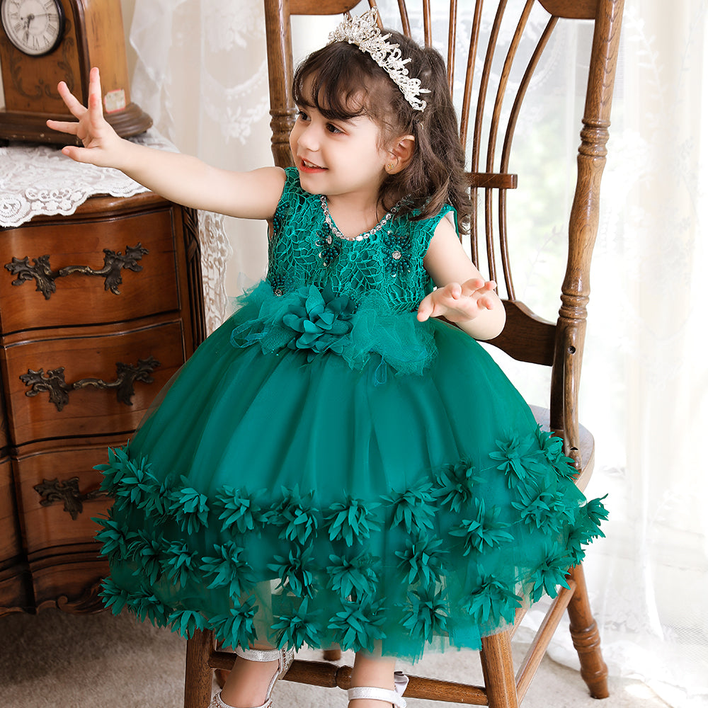 Green Applique Floral Balloon Dress
