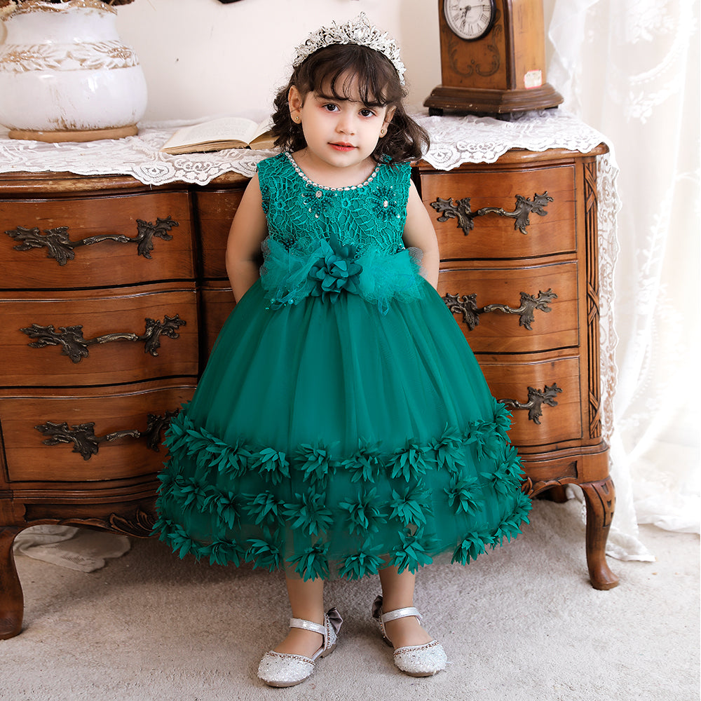 Green Applique Floral Balloon Dress