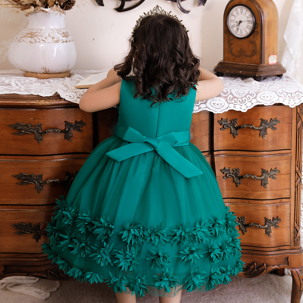 Green Applique Floral Balloon Dress
