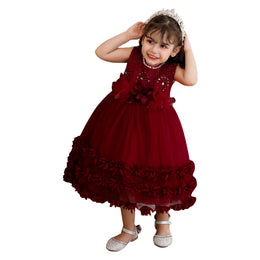 Girls Maroon Floral Embroidered Fit & Flare Midi Dress