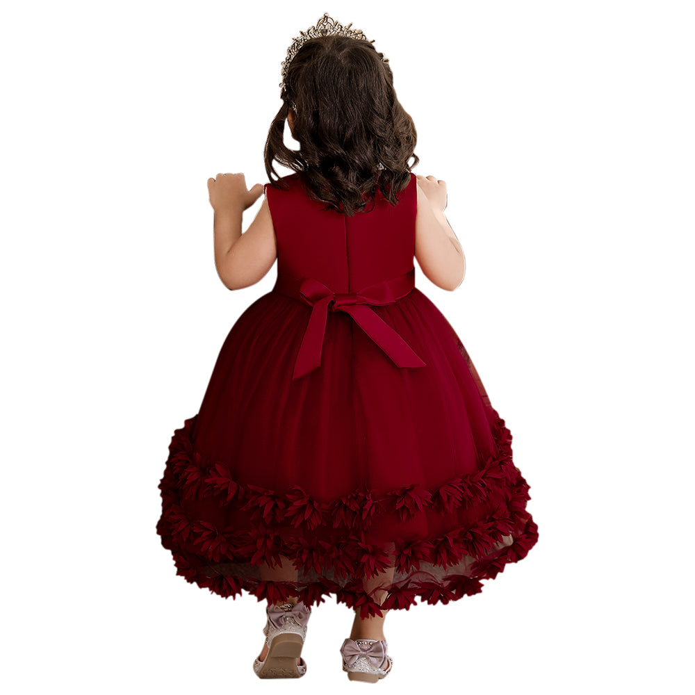 Girls Maroon Floral Embroidered Fit & Flare Midi Dress