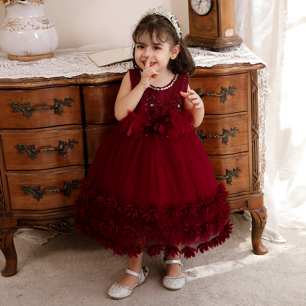 Girls Maroon Floral Embroidered Fit & Flare Midi Dress