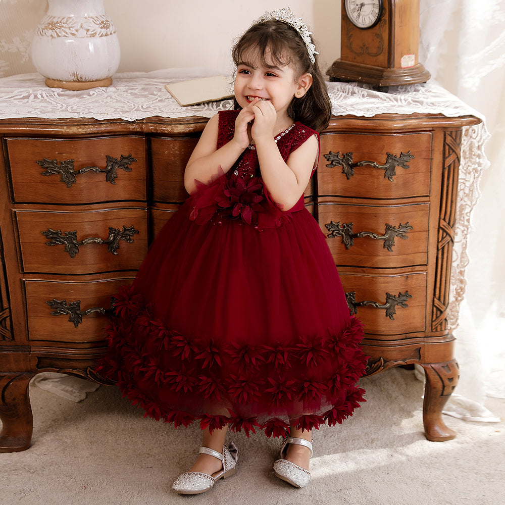 Girls Maroon Floral Embroidered Fit & Flare Midi Dress