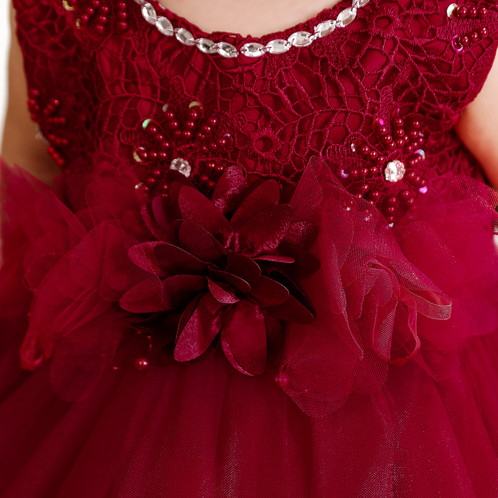 Girls Maroon Floral Embroidered Fit & Flare Midi Dress