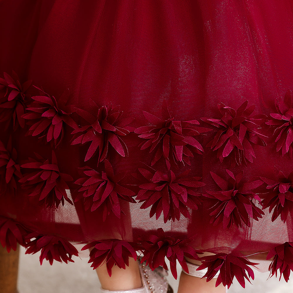 Girls Maroon Floral Embroidered Fit & Flare Midi Dress