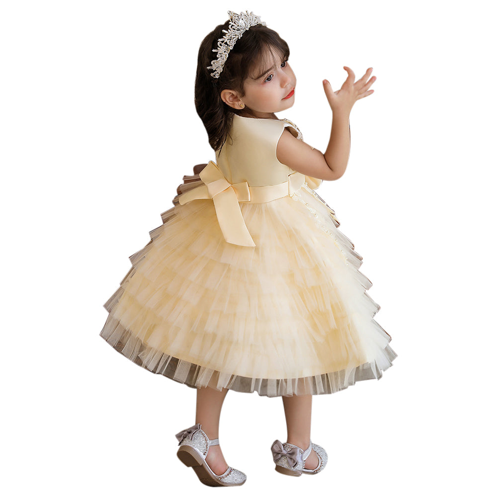 Girls Beige Self Design Sleeveless Fit & Flare Midi Dress