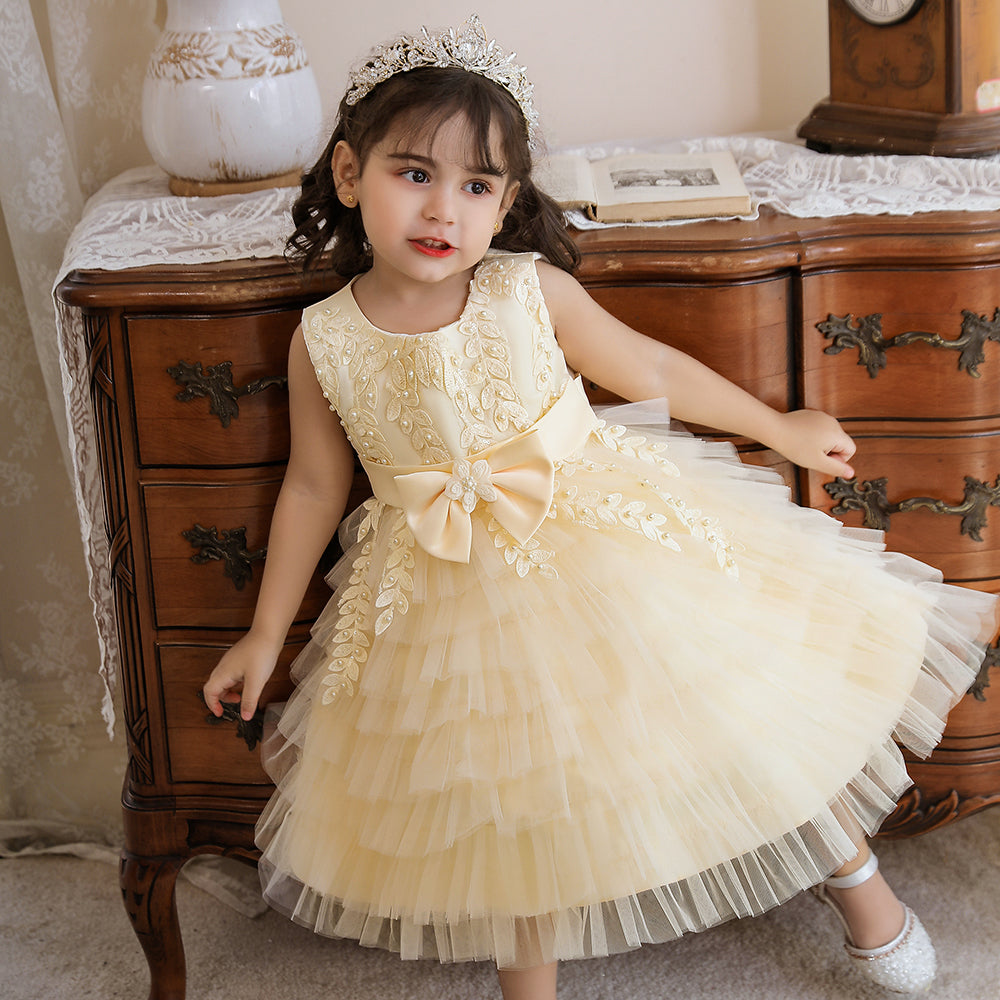 Girls Beige Self Design Sleeveless Fit & Flare Midi Dress