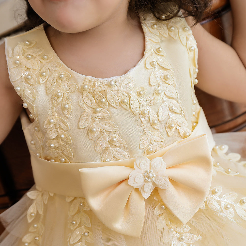 Girls Beige Self Design Sleeveless Fit & Flare Midi Dress