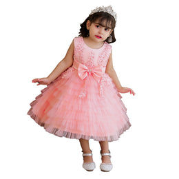 Girls Pink Embellished Net Bow Fit & Flare Midi Dress
