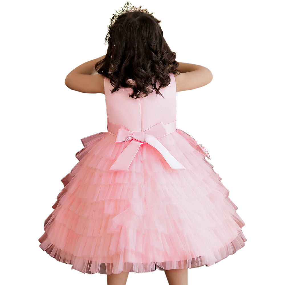 Girls Pink Embellished Net Bow Fit & Flare Midi Dress