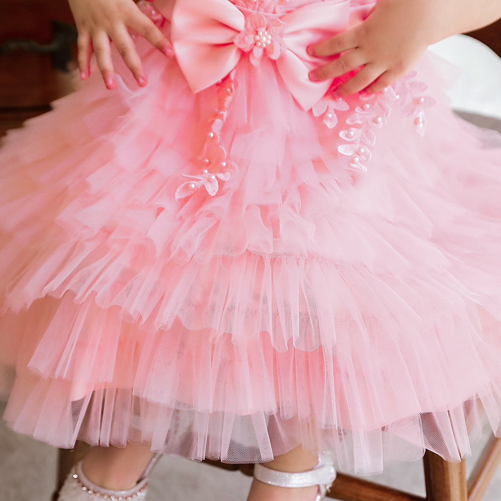 Girls Pink Embellished Net Bow Fit & Flare Midi Dress