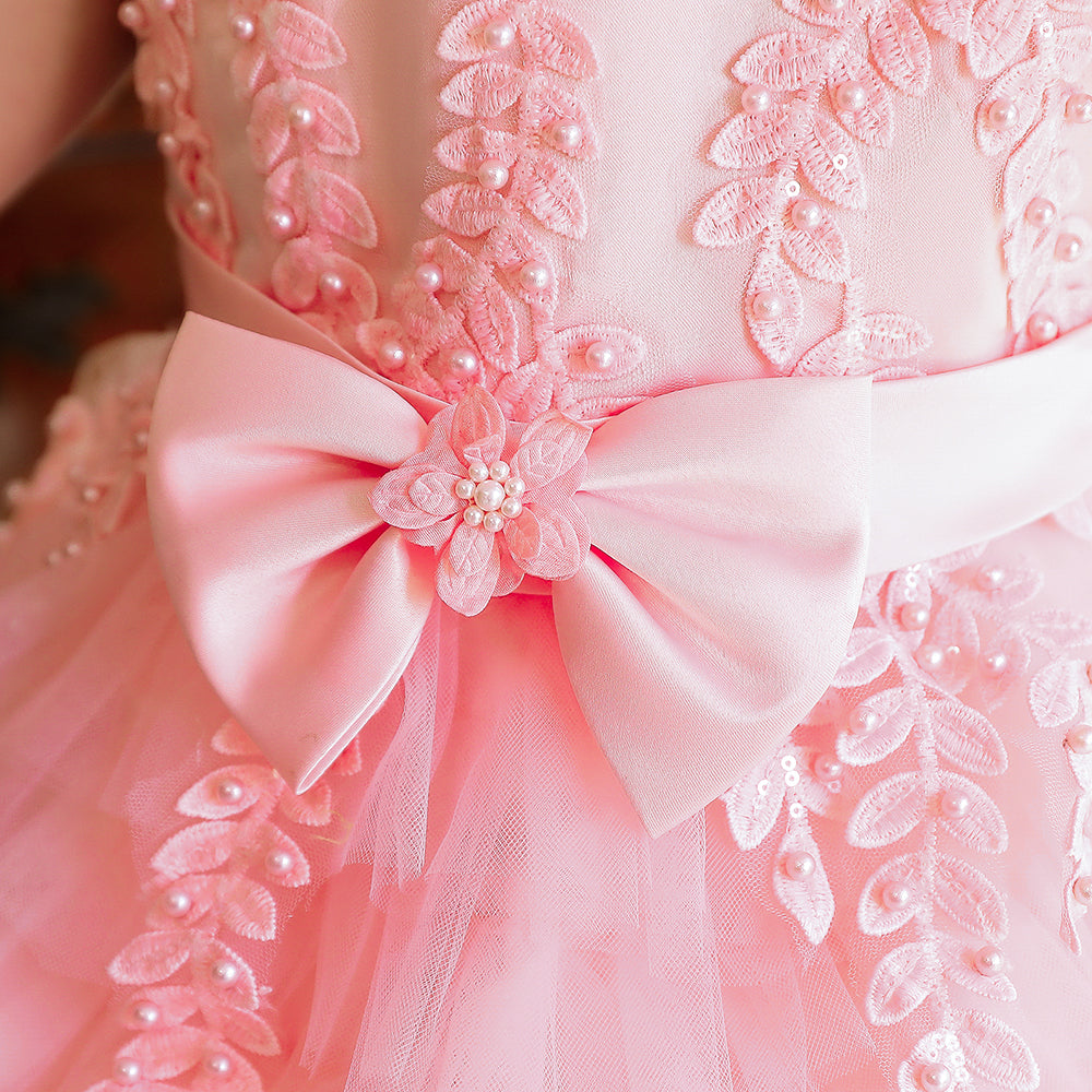 Girls Pink Embellished Net Bow Fit & Flare Midi Dress