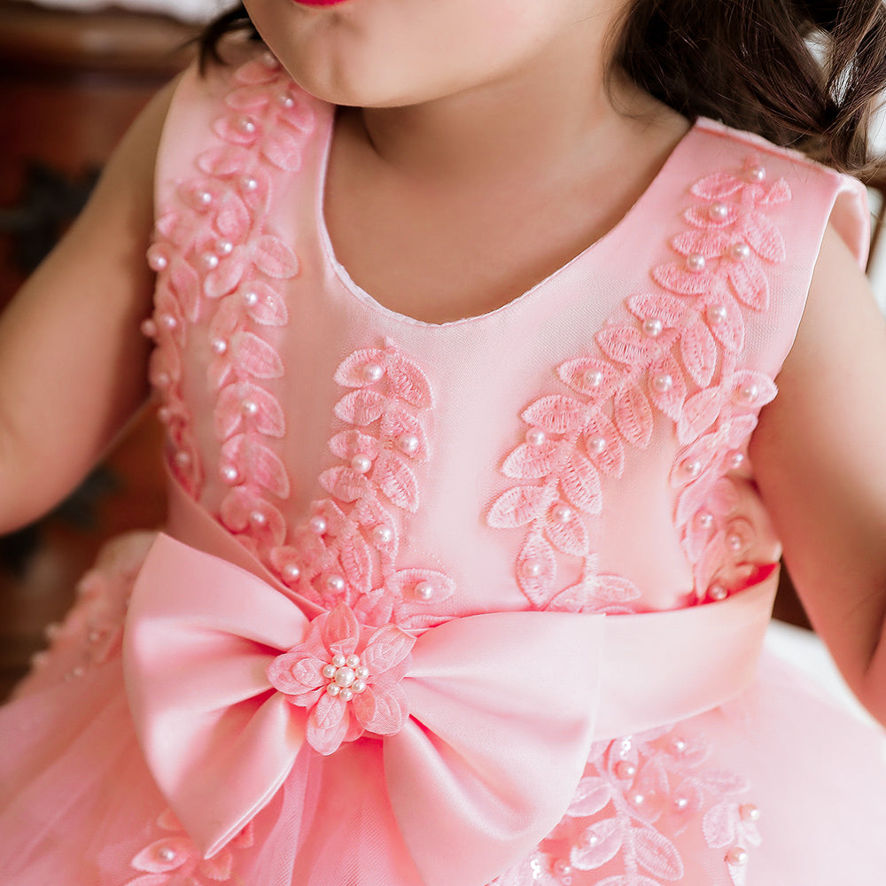 Girls Pink Embellished Net Bow Fit & Flare Midi Dress