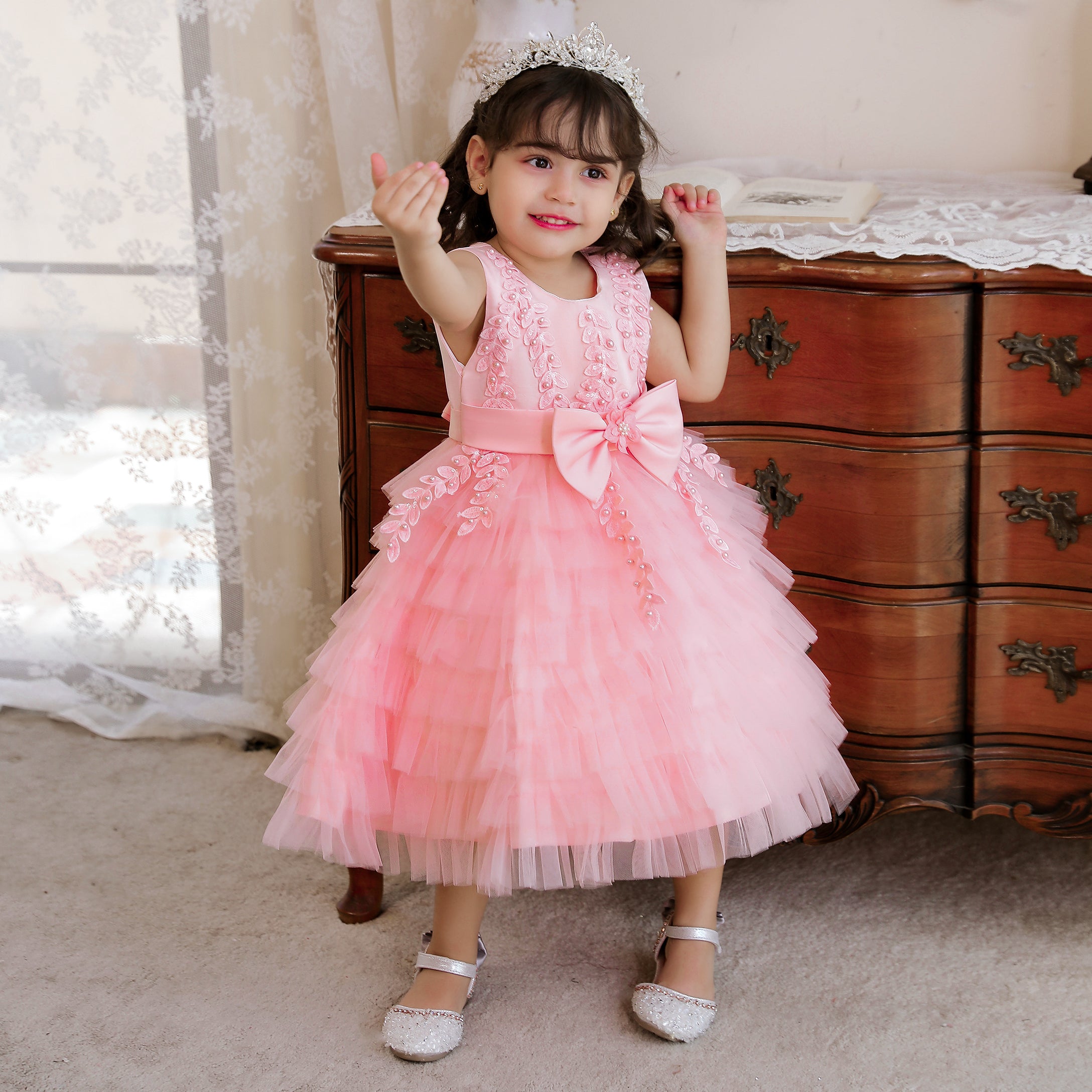 Girls Pink Embellished Net Bow Fit & Flare Midi Dress
