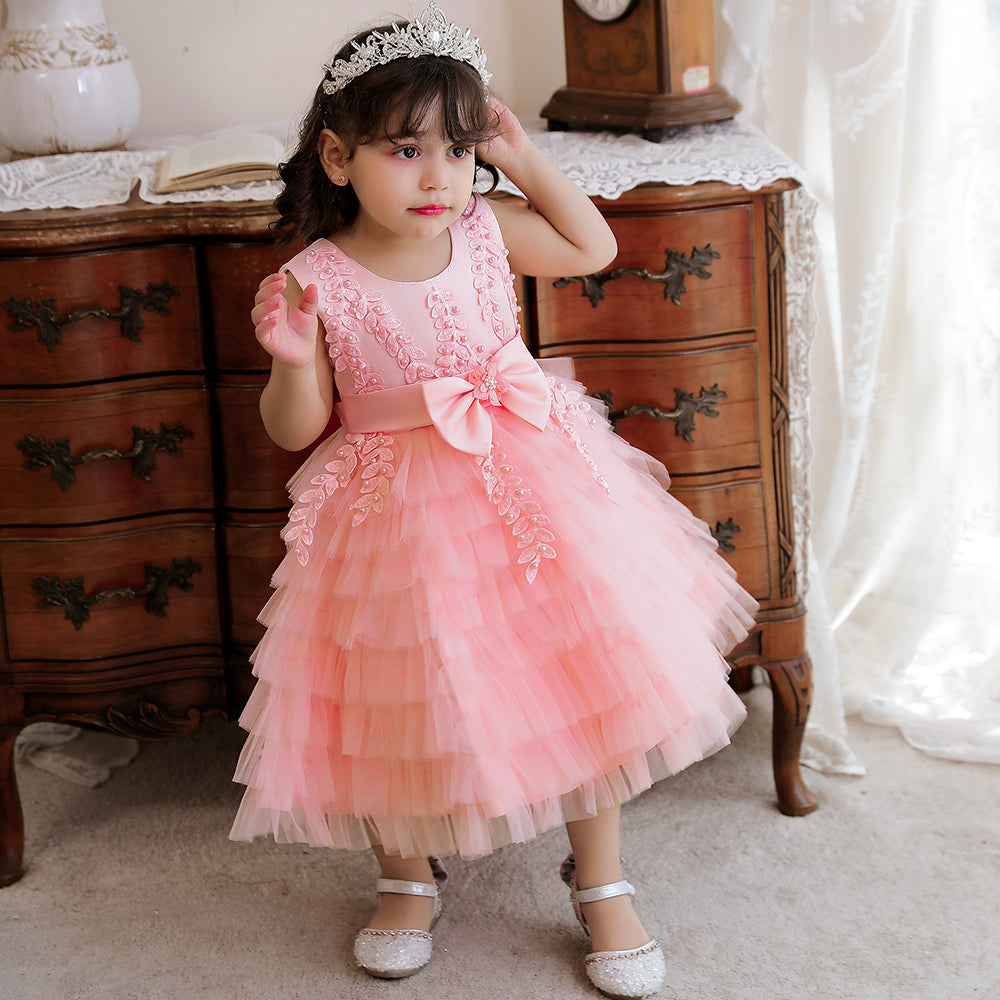 Girls Pink Embellished Net Bow Fit & Flare Midi Dress