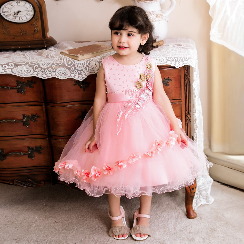 Pink & pale pink Embellished Embroidered Applique Fit & Flare Midi Dress