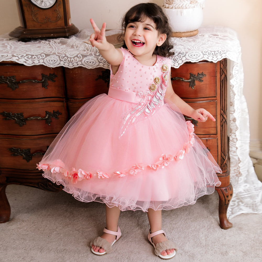 Pink & pale pink Embellished Embroidered Applique Fit & Flare Midi Dress